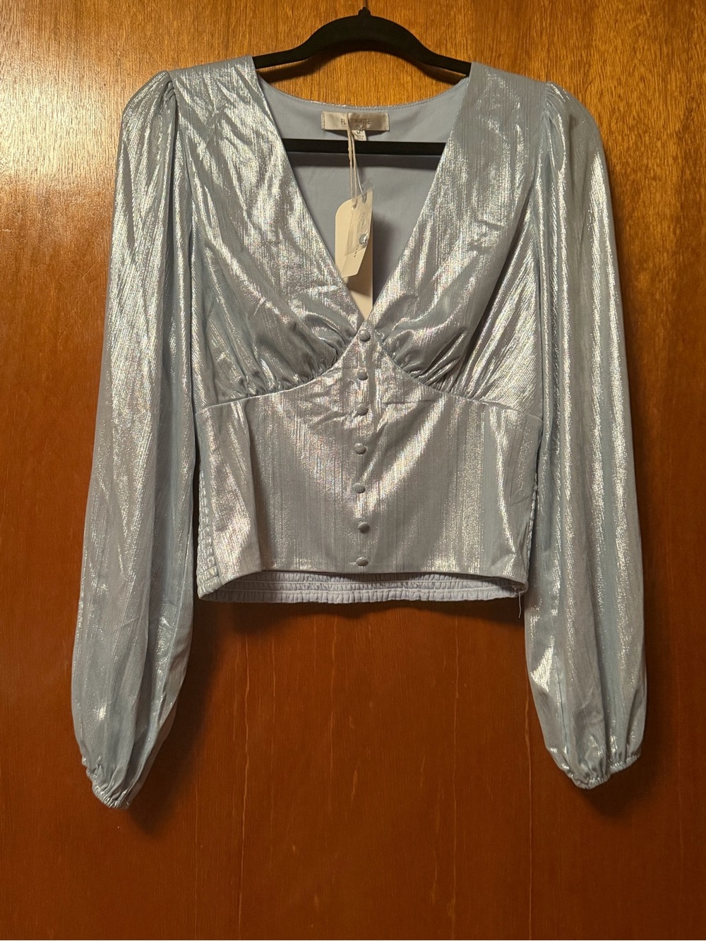 Anthropologie Shimmery Light Blue V-Neck Button Crop Blouse